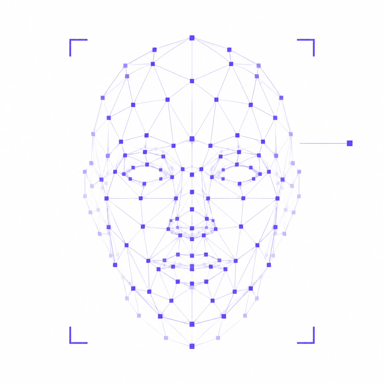 A dimensional facial mesh made from purple square landmarks and fine lavender connections, framed by four scan brackets.